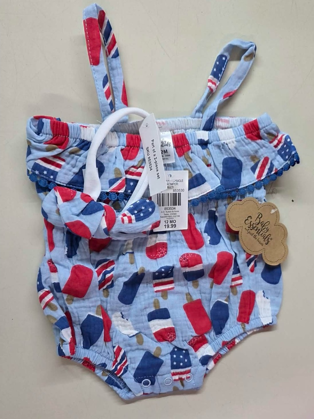 Baby Essentials Patriotic Popsicle Print Romper with Headband - Red/White/Blue